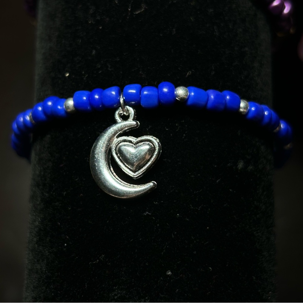 Blue Beaded Wire Bracelet with Silver Moon and Heart Charm with Adjustable Chain